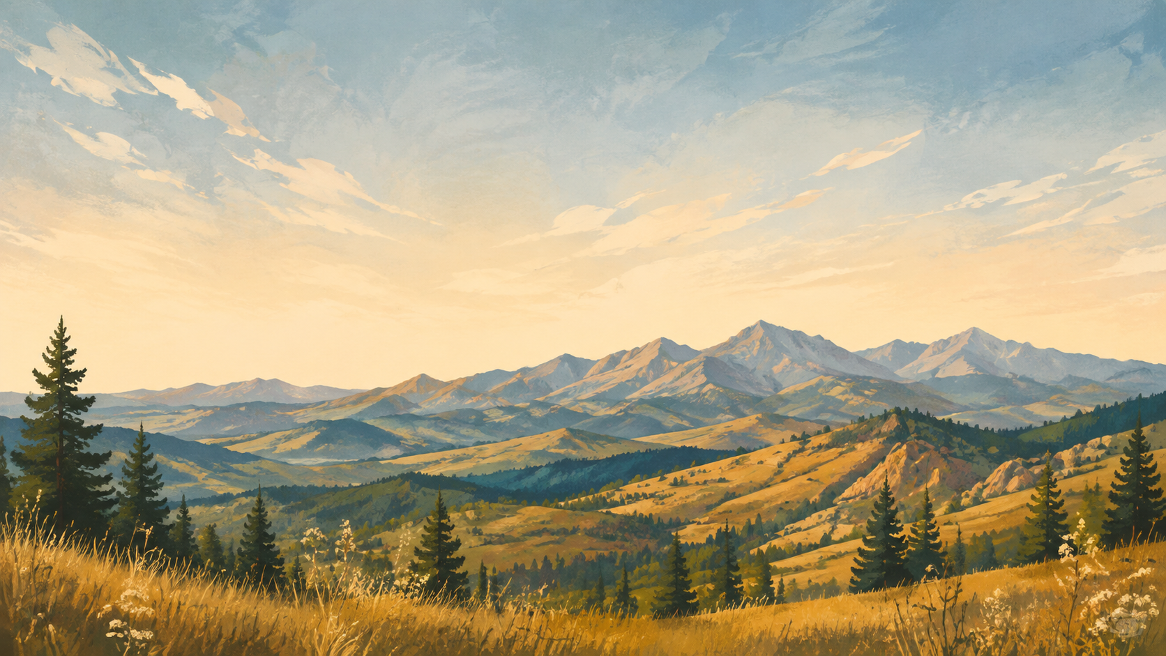 Painted view of Colorado's Front Range in warm late-summer light